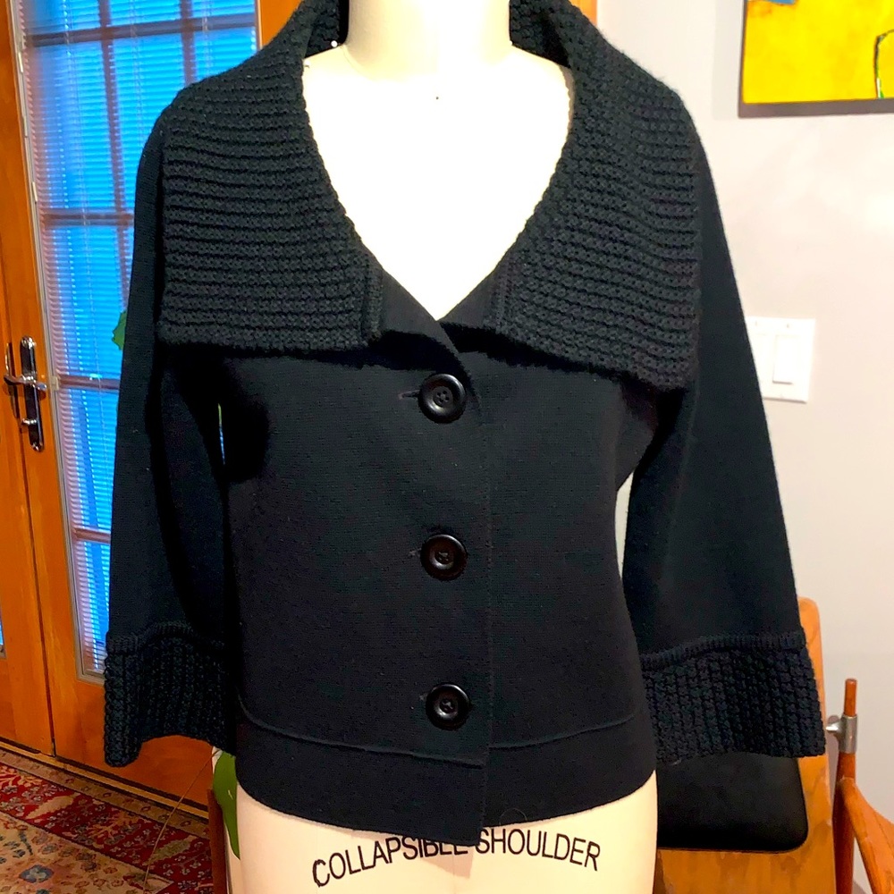 CABi black 3/4 sleeve cardigan with portrait neck and large buttons.